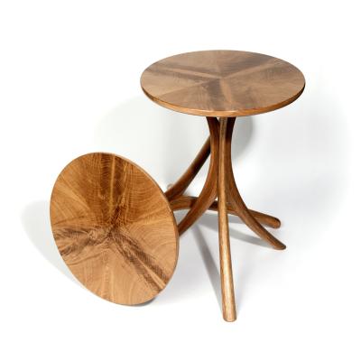 Pair of oak occasional tables, with starburst crotch grain top