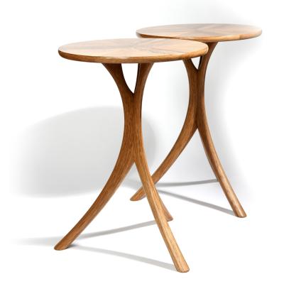 Pair of oak occasional tables, with starburst crotch grain top